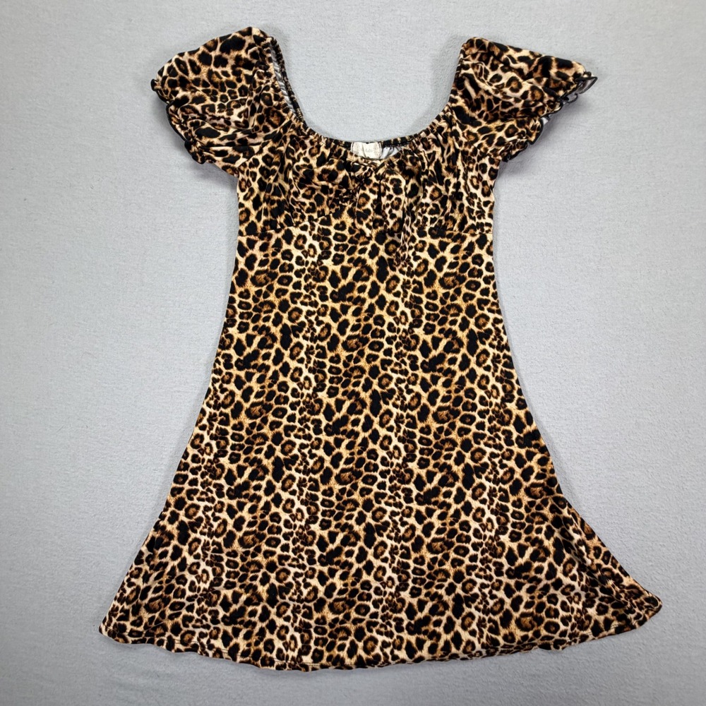 Altar'd State Mini Dress Womens Small Good Brown Leopard Print Puff Sleeve Boho